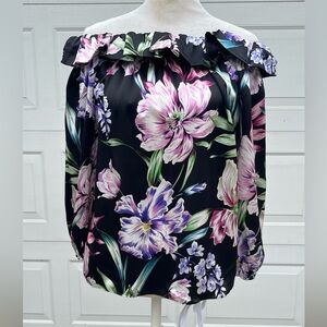 Women's CHRISTY LYNN Regina off shoulder black Floral Blouse 100% Silk size XS